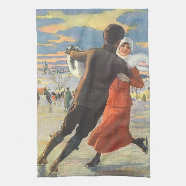 Vintage Christmas, Romantic Couple Ice Skating Kitchen Towel (Vertical)