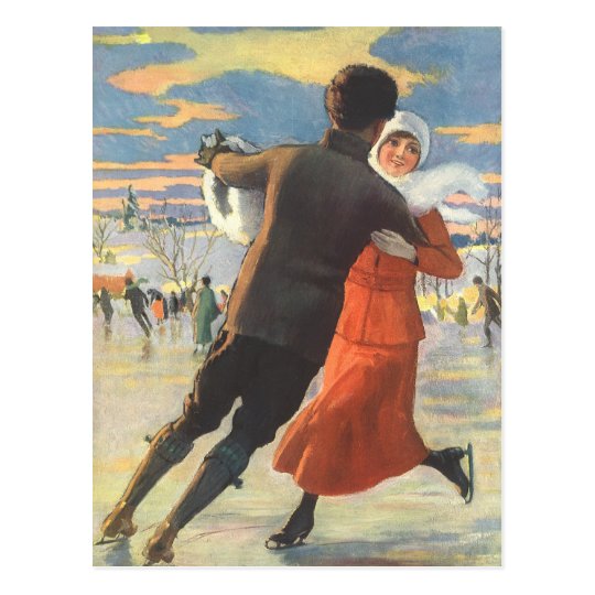 Vintage Christmas, Romantic Couple Ice Skating Postcard