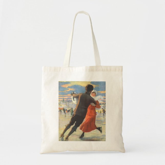 Vintage Christmas, Romantic Couple Ice Skating Tote Bag (Front)
