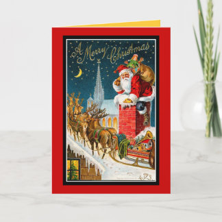 Vintage Christmas Rooftop Santa Sleigh Deers-Cards Holiday Card