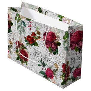 Vintage Christmas Rose Joyeux Noel Ephemera Large Gift Bag