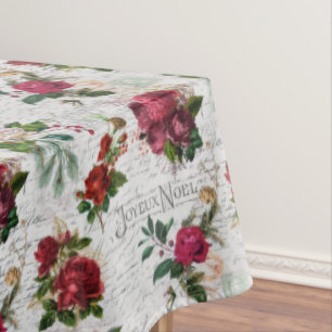 Vintage Christmas Rose Joyeux Noel Ephemera Tablecloth