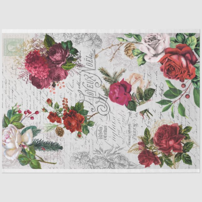 Vintage Christmas Rose Joyeux Noel Ephemera Tissue Paper (Front)