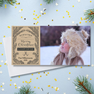 Vintage Christmas Rustic Pine Branch Holiday Photo Card