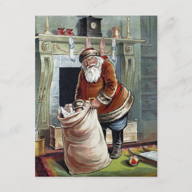 Vintage Christmas, Saint Nicholas by the Fireplace Postcard (Front)