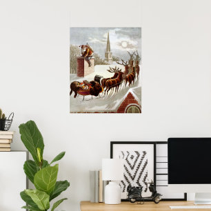 Vintage Christmas, Saint Nicholas on the Rooftop Poster