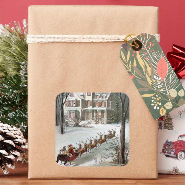 Vintage Christmas, Saint Nicholas with Reindeer Square Sticker (Holiday)