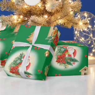 Vintage Christmas Santa and Decorations Green  Wrapping Paper
