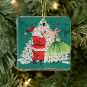 Vintage Christmas Santa and Girl Decorating Tree Ceramic Ornament