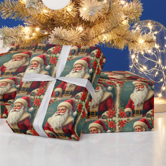 Vintage Christmas Santa and Red Poinsettia Wrapping Paper (Holidays)