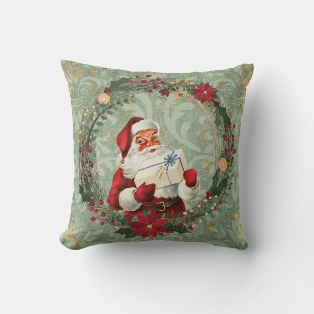 Vintage Christmas Santa and Wreath Throw Pillow (Front)