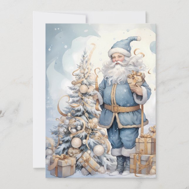 Vintage Christmas Santa Blue Gold Holiday Card (Front)