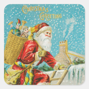 Vintage Christmas Santa Claus and Gifts Winter Square Sticker