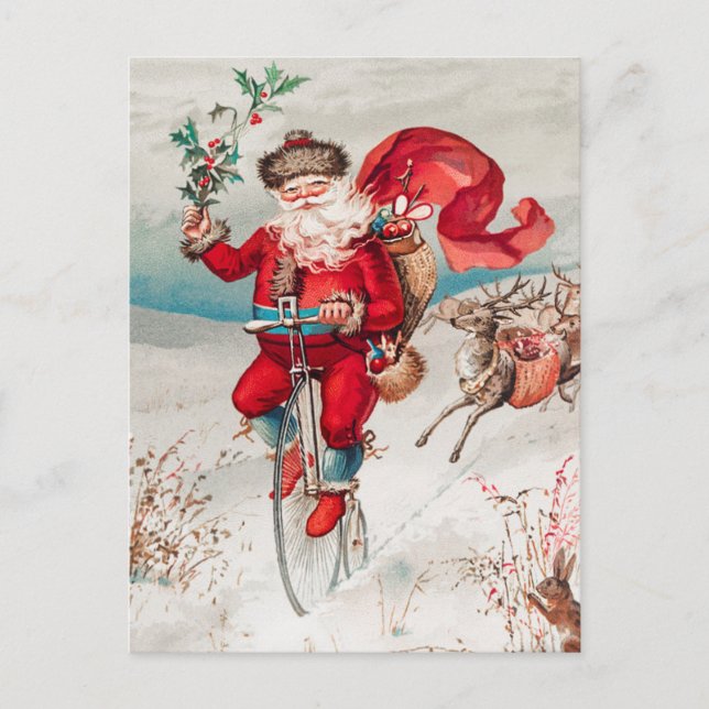 Vintage Christmas Santa Claus Bicycle Reindeer Postcard (Front)