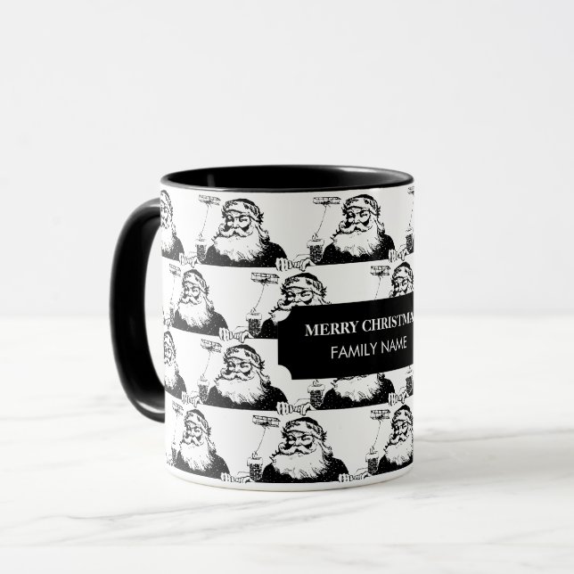 Vintage Christmas Santa Claus Black White Name  Mug (Front Left)