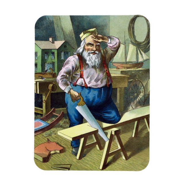 Vintage Christmas, Santa Claus Building Toys Saw Magnet (Vertical)