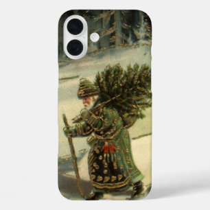 Vintage Christmas, Santa Claus Carrying a Tree iPhone 16 Plus Case
