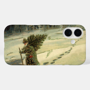 Vintage Christmas, Santa Claus Carrying a Tree iPhone 16 Case