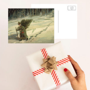 Vintage Christmas, Santa Claus Carrying a Tree Holiday Postcard