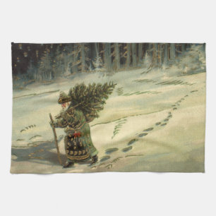 Vintage Christmas, Santa Claus Carrying a Tree Kitchen Towel