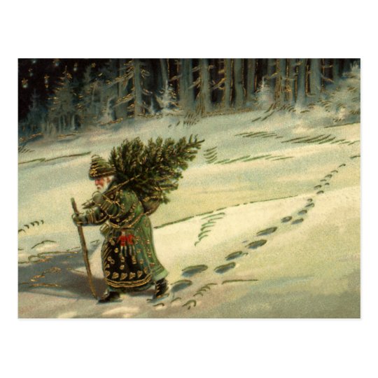 Vintage Christmas, Santa Claus Carrying a Tree Postcard