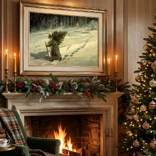 Vintage Christmas, Santa Claus Carrying a Tree Poster