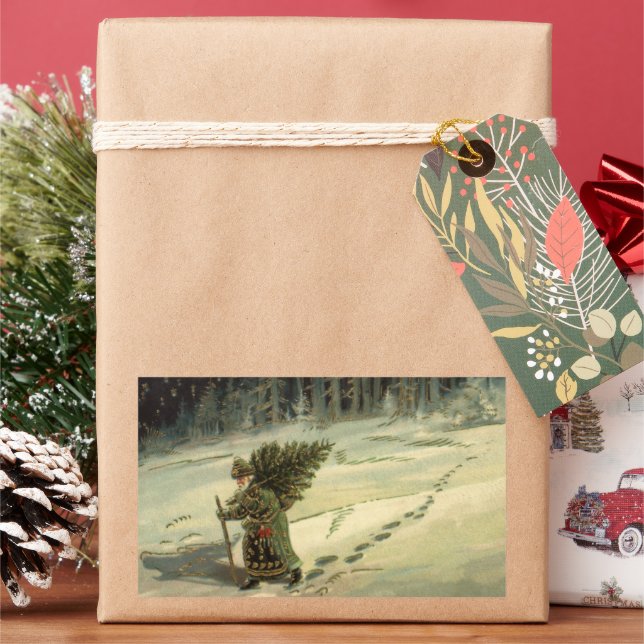 Vintage Christmas, Santa Claus Carrying a Tree Sticker (Holiday)