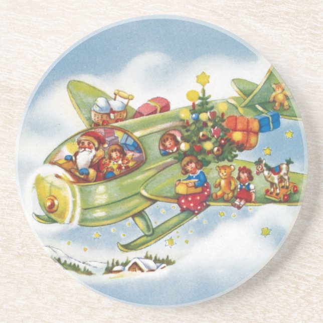 Vintage Christmas, Santa Claus Flying an Airplane Coaster (Front)