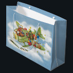 Vintage Christmas, Santa Claus Flying an Airplane Large Gift Bag<br><div class="desc">Vintage illustration Merry Christmas holiday travel and transportation design featuring a jolly Santa Claus flying an old fashioned propeller aircraft in the sky with elves, toys, dolls, wrapped presents and a Christmas tree on the wing. They are flying the antique plane through the fluffy white clouds and stars in the...</div>