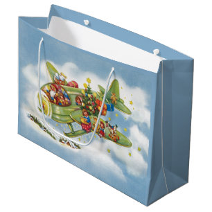 Vintage Christmas, Santa Claus Flying an Airplane Large Gift Bag