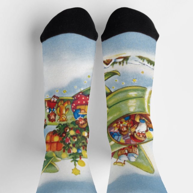 Vintage Christmas, Santa Claus Flying an Airplane Socks (Top)