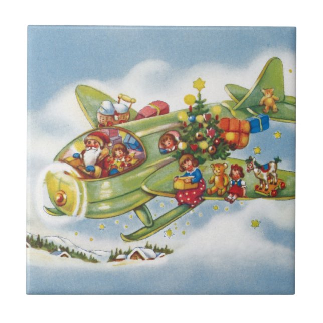 Vintage Christmas, Santa Claus Flying an Airplane Tile (Front)