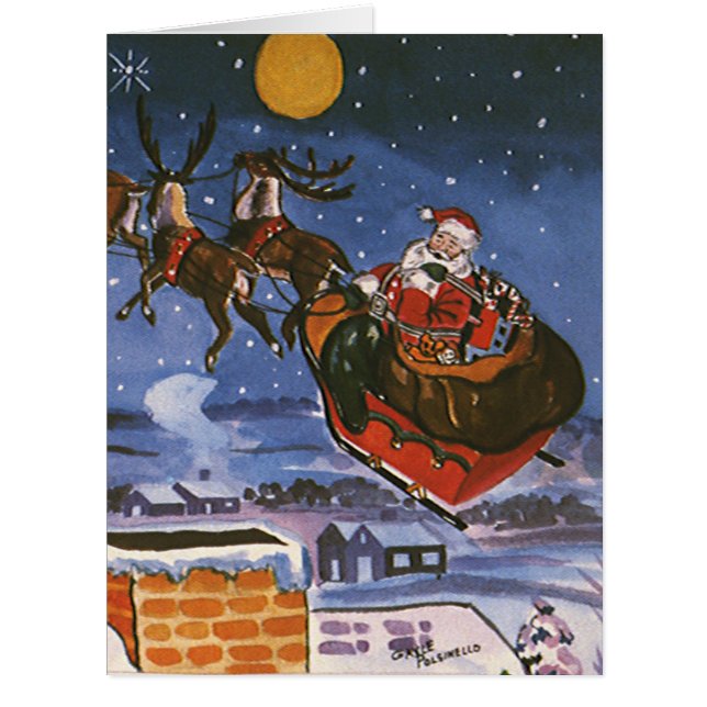 Vintage Christmas Santa Claus Flying His Sleigh (Front)