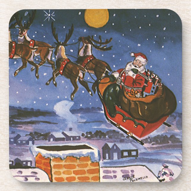 Vintage Christmas Santa Claus Flying His Sleigh Coaster (Front)