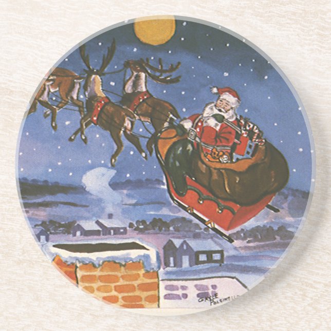 Vintage Christmas Santa Claus Flying His Sleigh Coaster (Front)