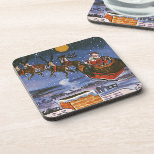 Vintage Christmas Santa Claus Flying His Sleigh Coaster