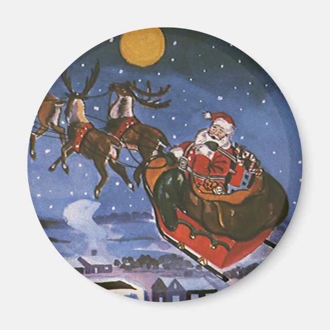 Vintage Christmas Santa Claus Flying His Sleigh Magnet (Front)