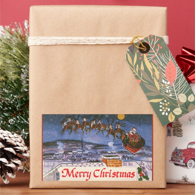 Vintage Christmas Santa Claus Flying His Sleigh Sticker (Holiday)