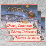 Vintage Christmas Santa Claus Flying His Sleigh Wrapping Paper Sheet<br><div class="desc">Vintage illustration Christmas holiday design featuring Santa Claus with his reindeer flying his sleigh about to deliver toys on Christmas Eve. Santa is flying over rooftops with chimneys of the sleeping town on this clear beautiful night with stars shining bright. Text reads Merry Christmas.</div>
