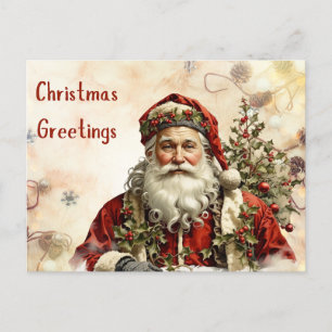 Vintage Christmas Santa Claus, Holly Berry Holiday Postcard