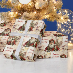 Vintage Christmas Santa Claus, Holly Berry  Wrapping Paper