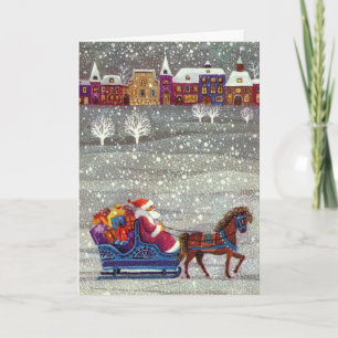 Vintage Christmas, Santa Claus Horse Open Sleigh Holiday Card