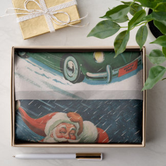 Vintage Christmas, Santa Claus in a Cute Car Tissue Paper