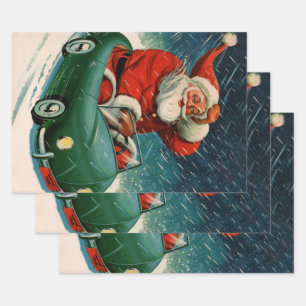 Vintage Christmas, Santa Claus in a Cute Car Wrapping Paper Sheet