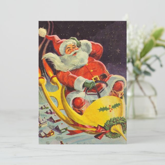 Vintage Christmas, Santa Claus in a Spaceship Invitation (Standing Front)