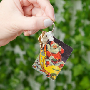 Vintage Christmas, Santa Claus in a Spaceship Keychain