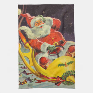 Vintage Christmas, Santa Claus in a Spaceship Kitchen Towel