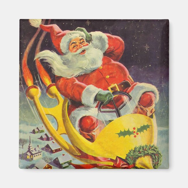 Vintage Christmas, Santa Claus in a Spaceship Magnet (Front)