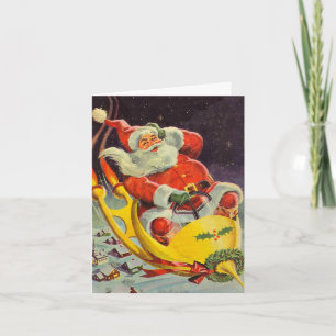 Vintage Christmas, Santa Claus in a Spaceship Thank You Card