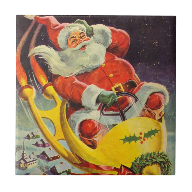 Vintage Christmas, Santa Claus in a Spaceship Tile (Front)
